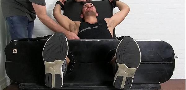  Bound jock giggles while being tickled  by two horny gay men